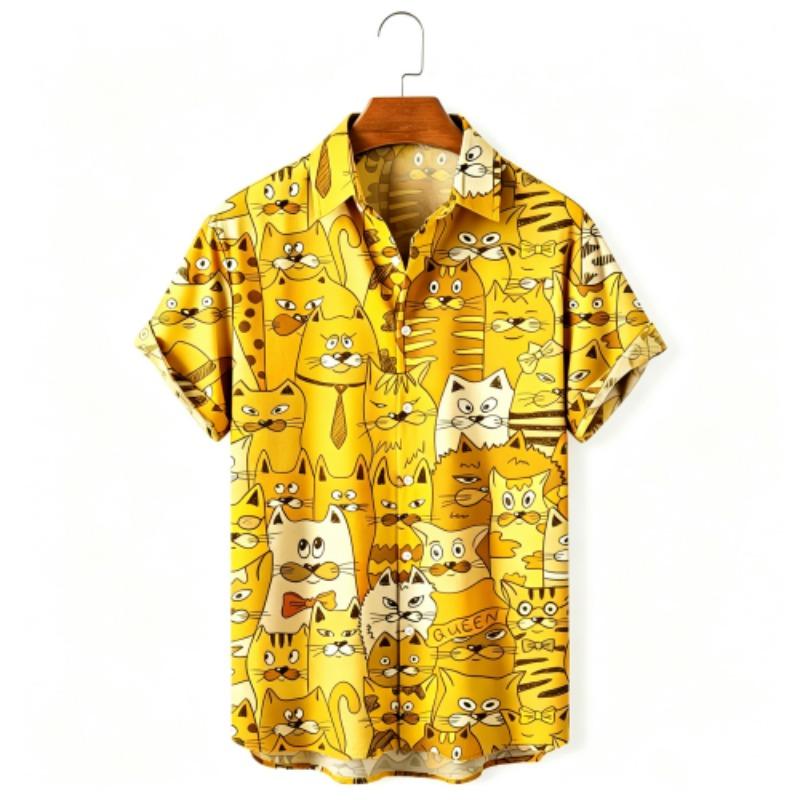 Summer Fashion Anime Cartoon Animal Cat Printing Shirt Hawaiian Beach Vacation Clothing Men's Street Style Shirt Daily Men's and Women's Shirt