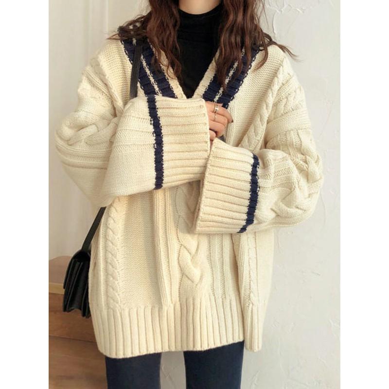 Womens Vintage Color Block V-neck Twist Knit Sweater Loose Fit Lazy Style Pullover Top Fall Winter