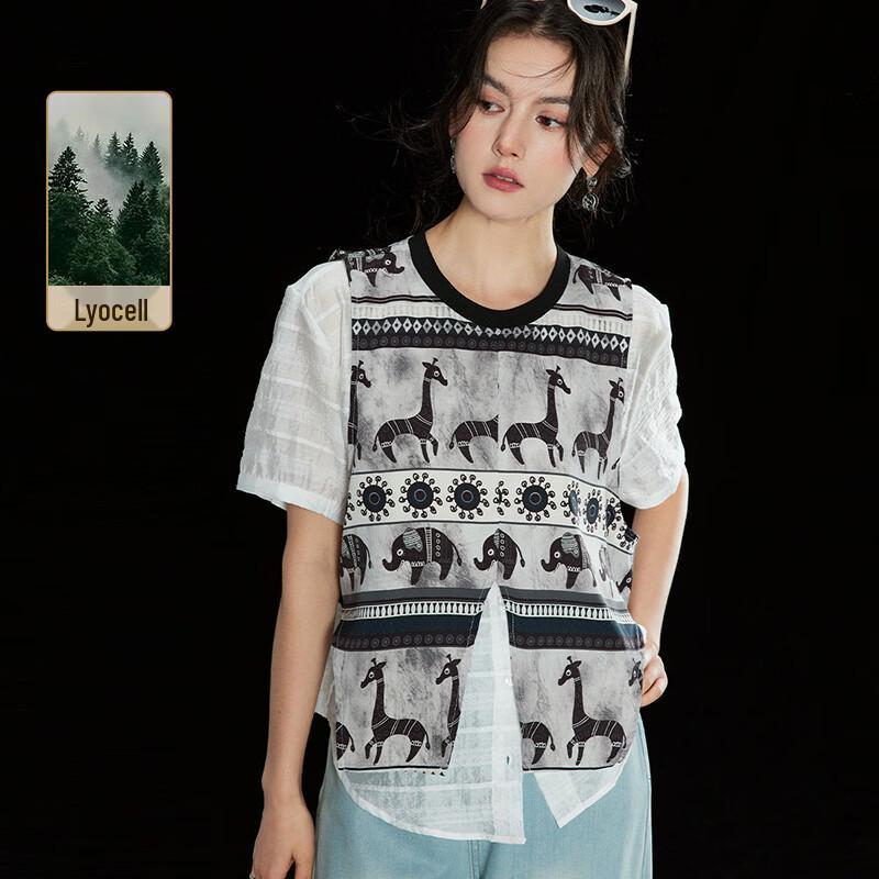 Wudao Women s Tencel Blend Faux Two-Piece Ethnic Print Top M