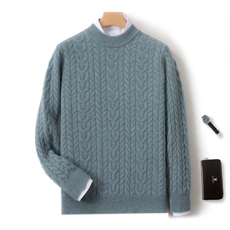 Men s Pure Wool Half High Neck Thick Pullover - Solid Color Loose Casual Knitted Cashmere Sweater Small