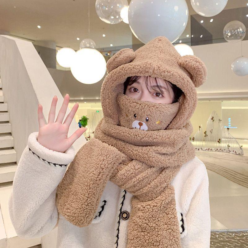 Winter fashion bear four-piece set cute thickened warm cold autumn and winter scarf one-piece trend popular hat woman