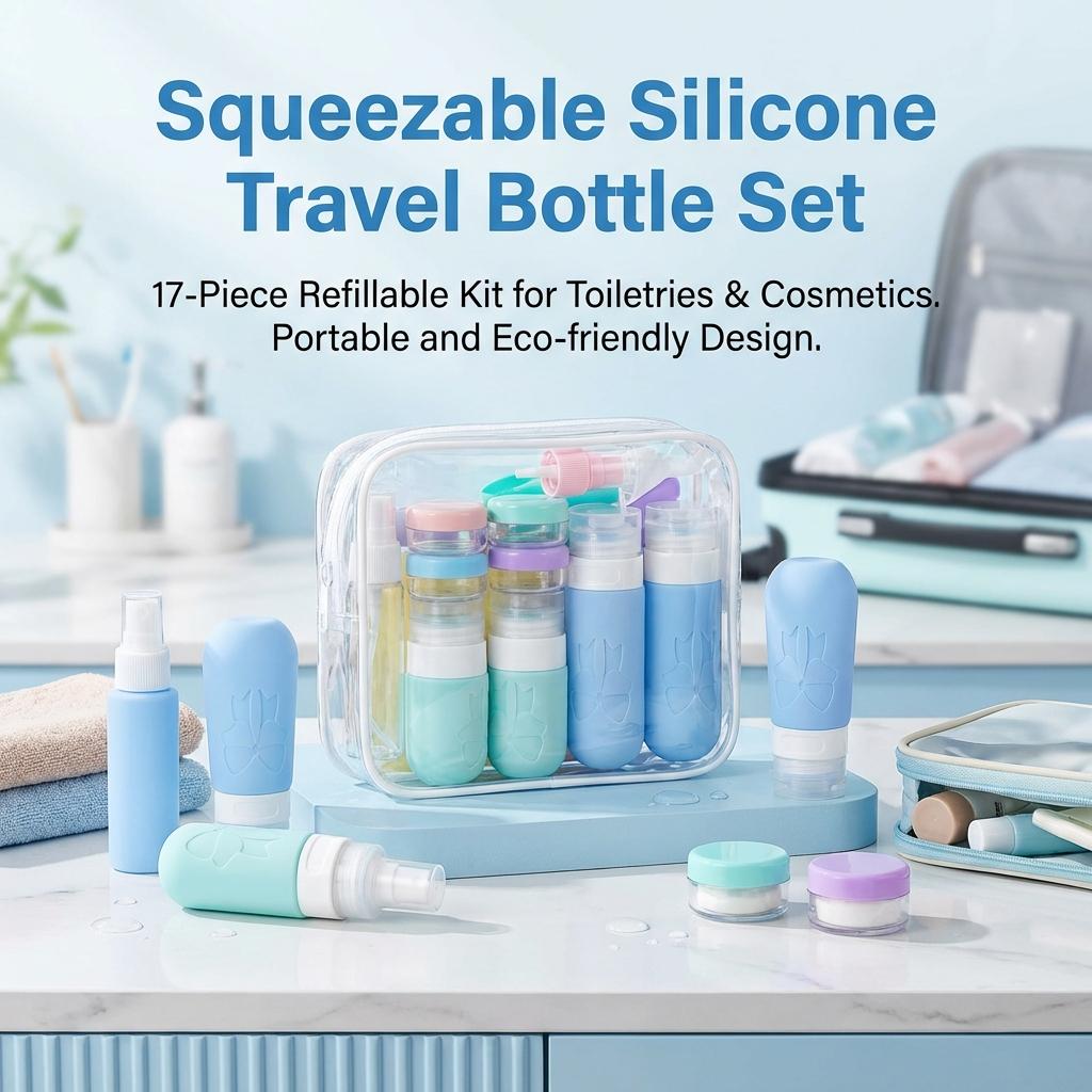 Silicone Travel Bottles Set 17Pcs Portable Reusable Refillable Bottles Shampoo Shower Gel Lotion Leakproof Containers