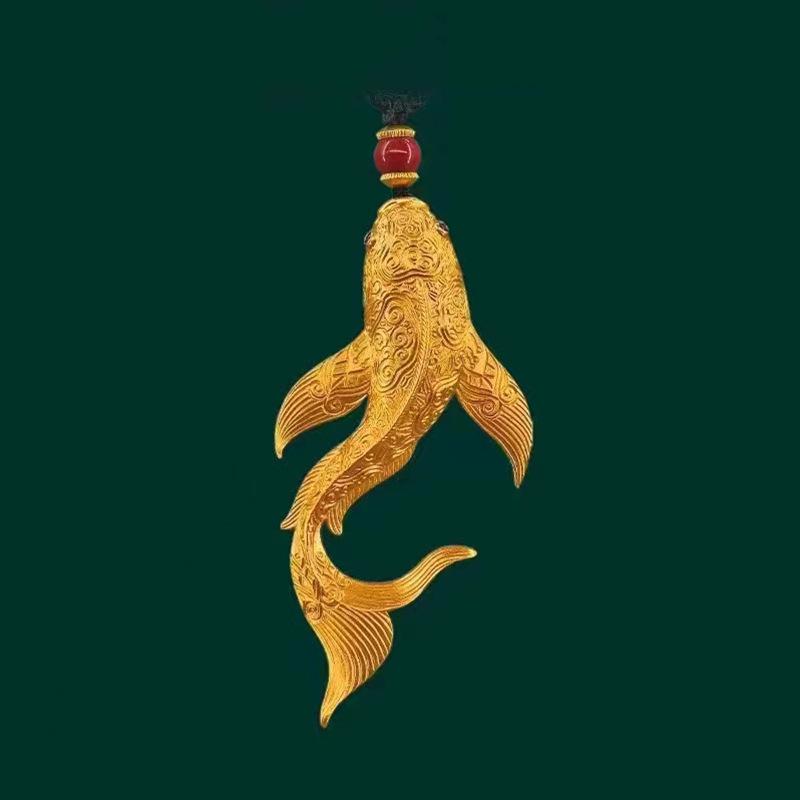 Ancient Style Vietnam Sand Gold Koi Necklace with Carved Begonia Pendant