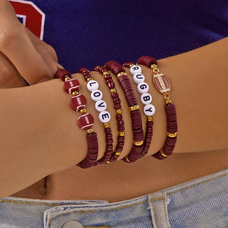 Football Theme Letter Ball Charms Hand Chains Girls Sports  Stackable Bracelet Colorful Polymer Clay Beaded Bracelets
