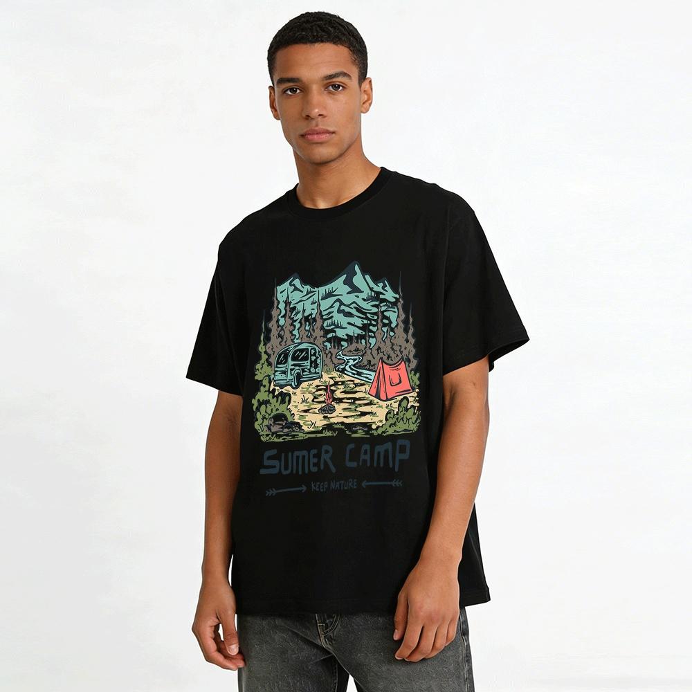 Summer Camp Nature Themed Print Tee Outdoor Casual Camping Shirt Pure cotton T-shirt