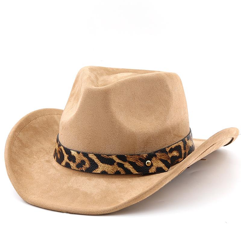 Freedom Outdoors Women's Coffee Fashion Leopard Print Belt Suede Hat For Men And Jazz Hat Fall And Wintereasiest For Match Felt Hat Peaked Brim Cowboy Hat 56-58Cm