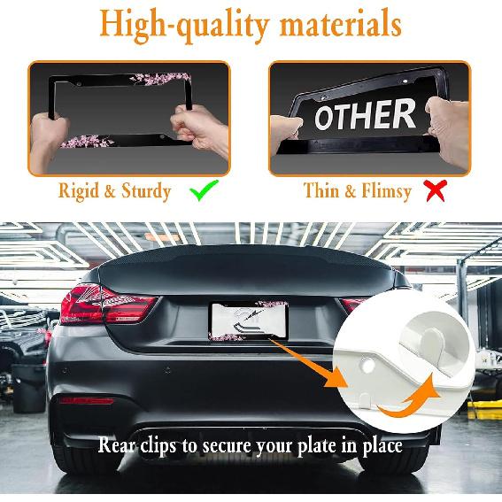 Cherry Blossom License Plate Frame Pink License Plate Cover Funny Auto Accessory Bracket Aluminum Metal Black License Plate Frames For Women Men (Set