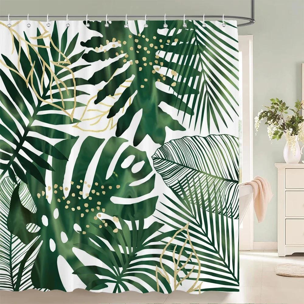 

Green Plant Leaves Printed Shower Curtain Waterproof Polyester Curtain With Hook Decoration Bathroom Curtain 3D Shower Curtains W60H190(CM)-1 Pcs