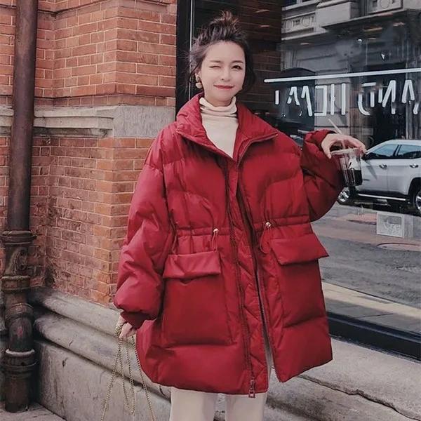 

Куртка пуховик большого размера Зимняя мода Свободная Скрывающая живот Теплая хлопковая куртка Средней длины Утепленная куртка 6XL красный