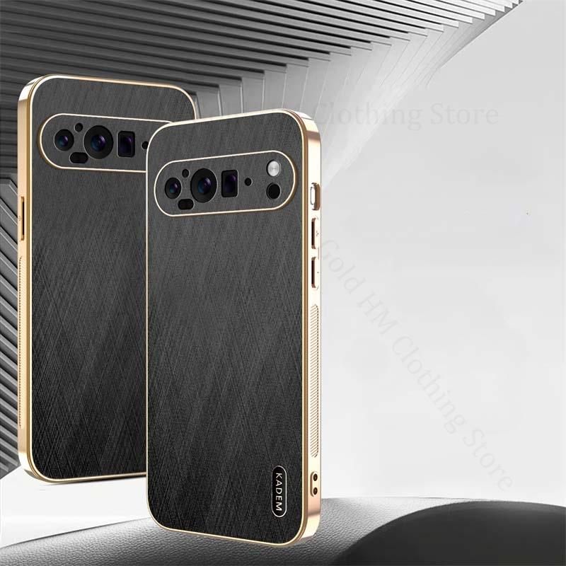 6D Plating Gold Silk Grain Leather Case For Google Pixel 9 Pro XL Electroplated Tough Shockproof Cover For Pixel 9a 8 7 6 9 Pro
