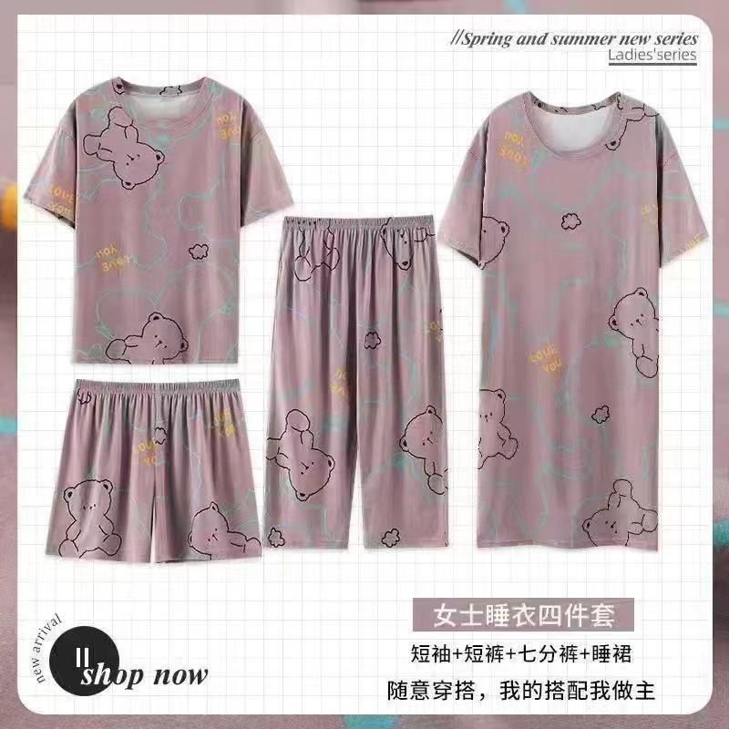 Pajamas women's summer round neck short-sleeved nightgown summer loose cropped pants loungewear set