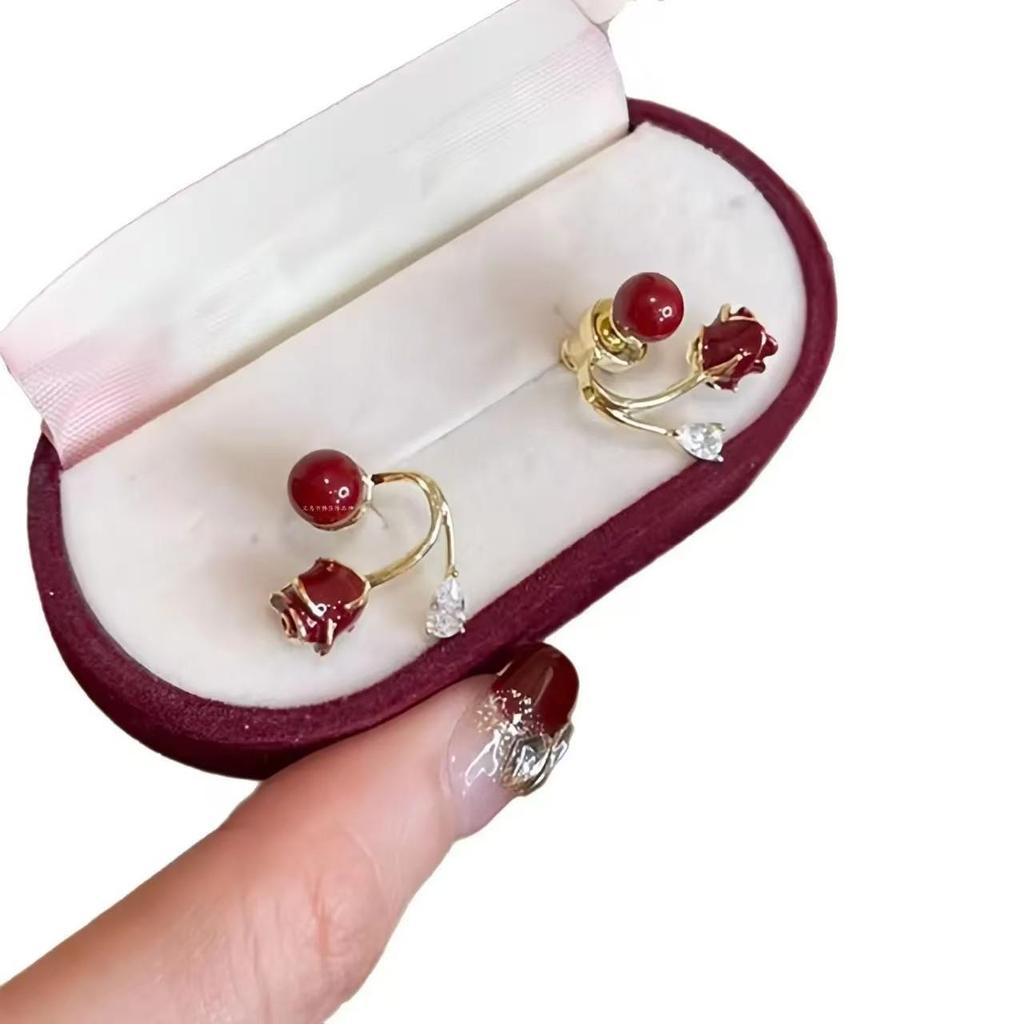 Guochao Fashionable Rose Bow Earrings, Two-Way Wear, Elegant Niche Ear Jewelry for Women