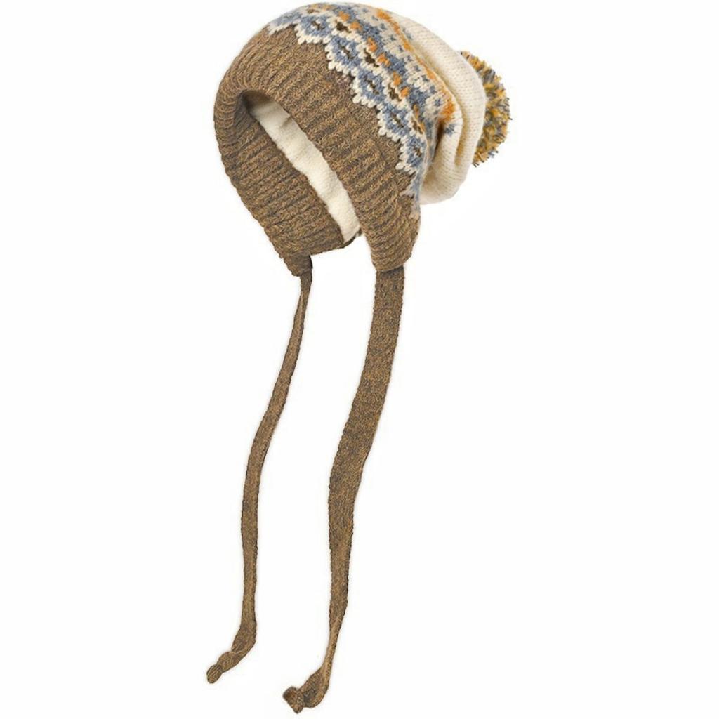 Women's Fair Isle Pullover Cap with Ear Flaps, Plush Pom-pom, Fleece , Thickened and Warm Wool Hat