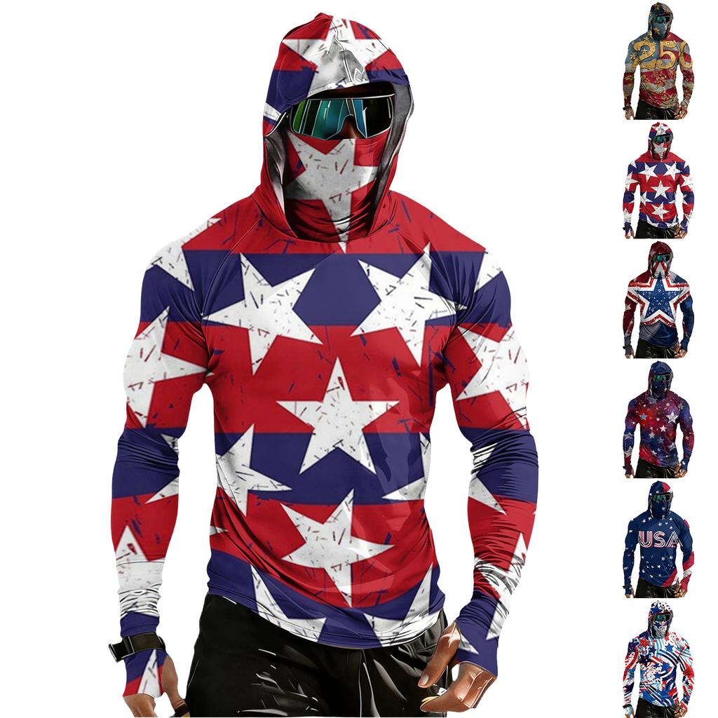 Men's Casual Raglan Sleeve Hooded Long Sleeve Sun Protection Shirt with Graphic Print Lightweight Breathable Fabric for Outdoor Activities