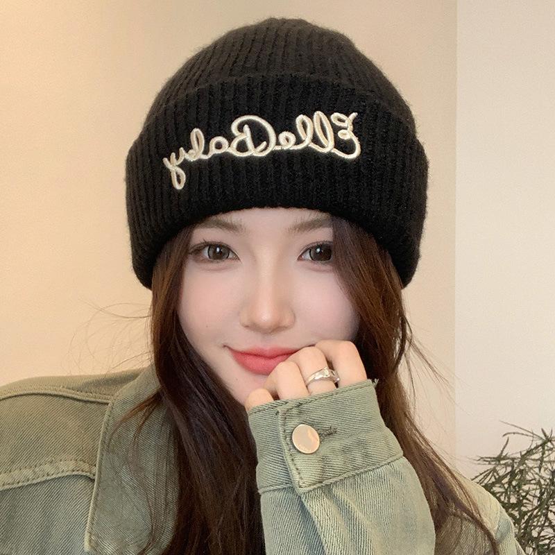 

Thick Knitted Hat for Women in Autumn and Winter New Style Simple Versatile Letter Big Head Circumference Showing Face Small Woolen Ski Hat (54-58Cm)