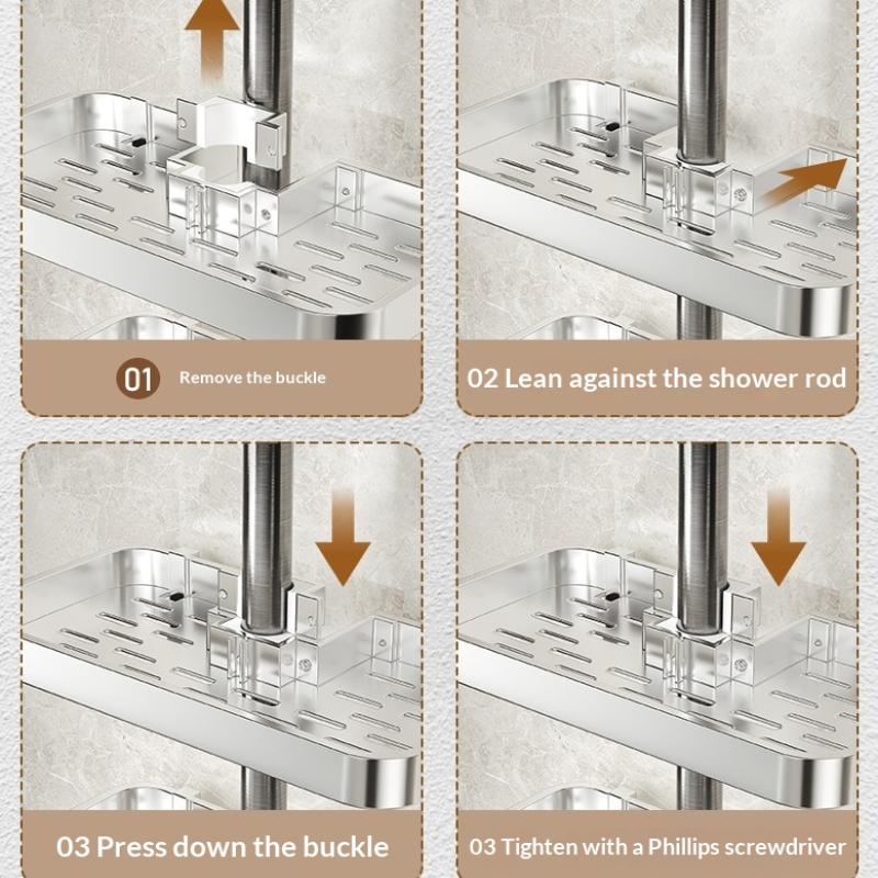 Punch-Free Shower Caddy With Towel Rod Bathroom Shelf Shampoo Soap Holder Shower Tray For Toilet Bathroom Organizer