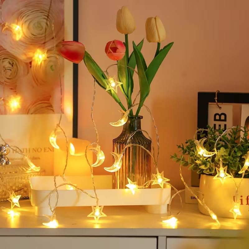 1pc 10/20/40 LED Star and Crescent String Lights Battery Powered Ideal For Ramadan Mubarak Celebrations and Wedding Party Decor