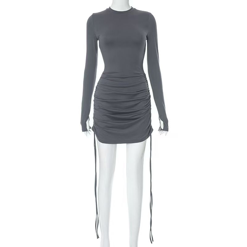 

Western Style New Sexy Drawstring Pleated Long sleeve Sheath Dress Sexy Drawstring Dress Dark gray S