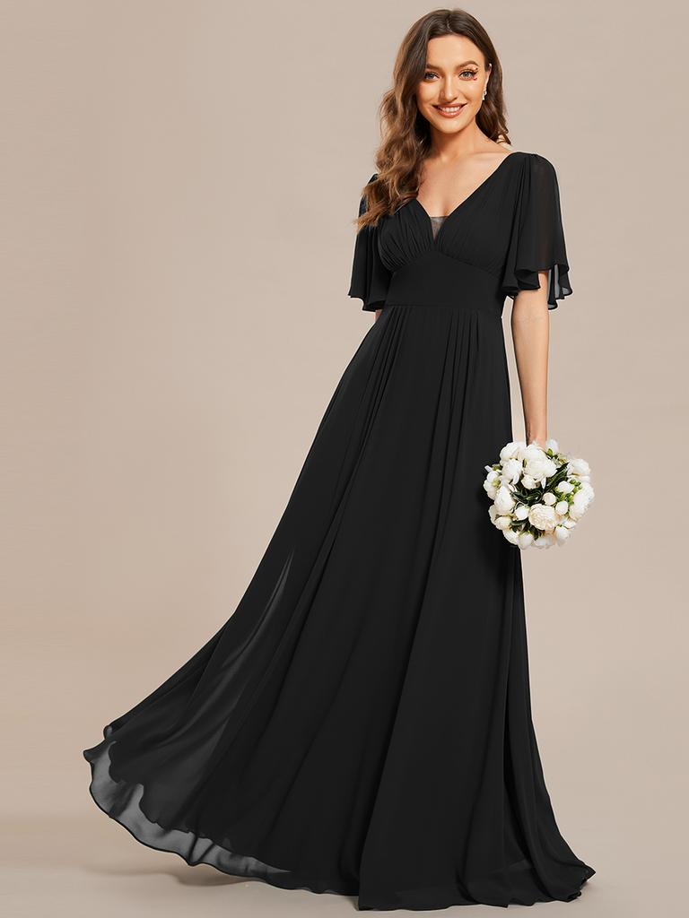 Ever-Pretty Women's Chiffon A-Line Empire Waist Floor Length V Neck Wedding Party Dress With Ruffles Sleeves