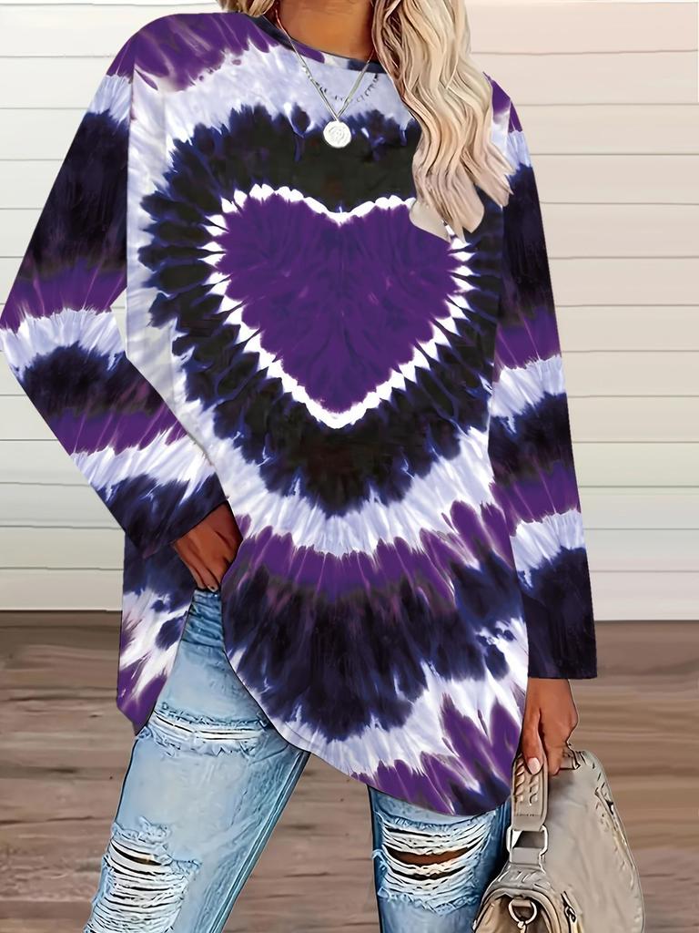 Women's Plus Size Heart Print Long Sleeve Top - Elegant Round Neck for Autumn/Winter