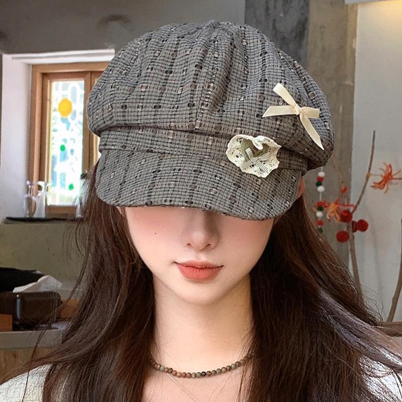 

Vintage plaid bow octagonal hat autumn hat women s fashion versatile beret show face small painter hat average size