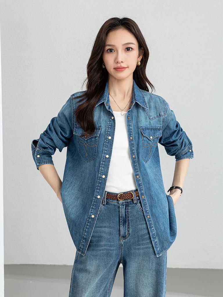 Yi Fei Women's Loose Casual Denim Shirt, Slimming Versatile Long Sleeve Retro Jacket - 2026 Spring Collection