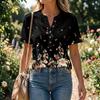 Women Short Sleeve Henley Neck Button Shirt Floral Print Linen Cotton Blend Casual Blouse Lightweight Summer Top