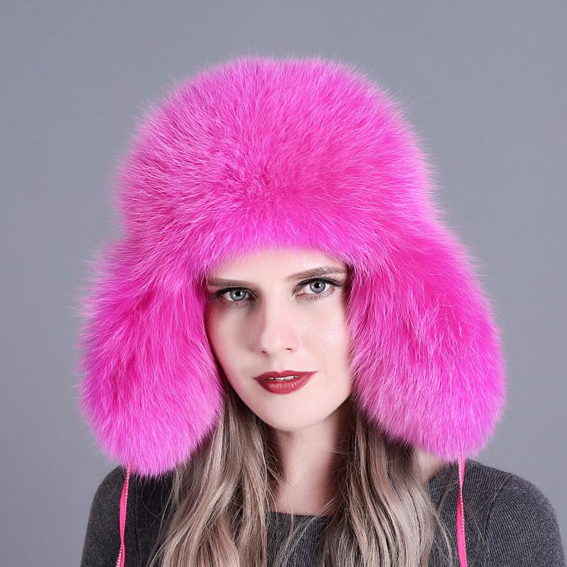 100% Real Fox Fur Hat Women's Russia Pilot Catcher Ski Cap Cap Ear flap winter raccoon fur pilot cap