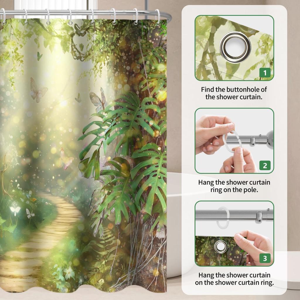 Enchanted Forest Shower Curtain Jungle Green Tree Shower Curta for Bathroom Spring Garden Fairy Tale Bath Curtain Decor Fabric Washable with 12 Hooks