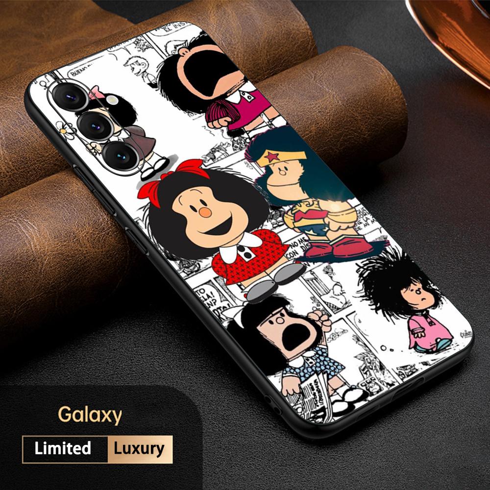 Cute Mafalda Girl Fashion Pattern Phone Case For Samsung Galaxy S25 S24 S23 S22 S21 S20 Plus Ultra Note20 Soft Black