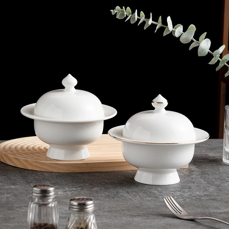 Premium Hotel Restaurant Household Tableware Ceramic Cup Wide Edge High Foot Cup Dessert Cup Stew Cup Covered Soup Cup