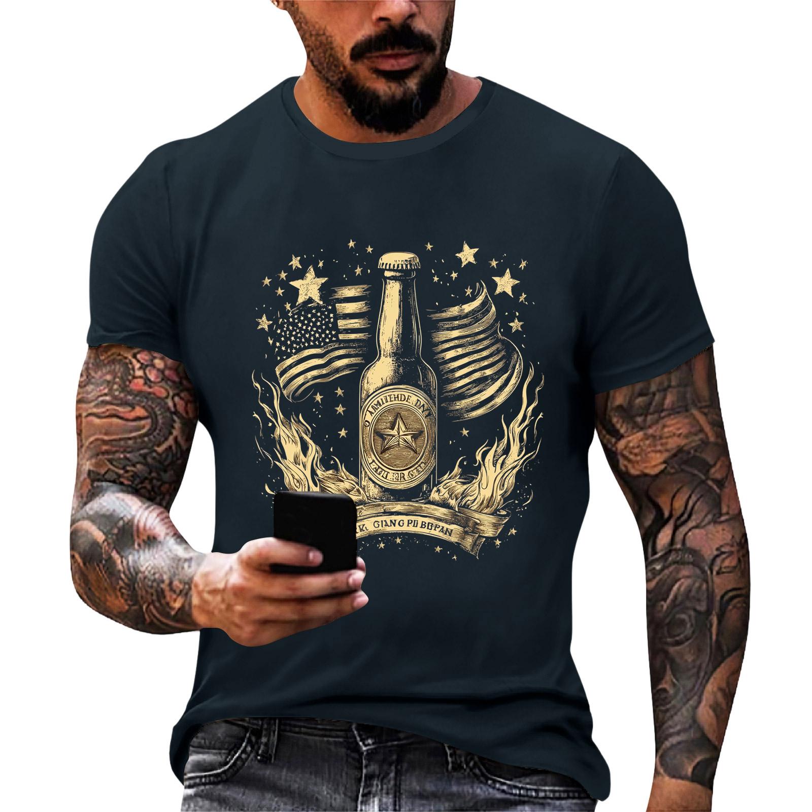 

Men s Loose Fit Short Sleeve T Shirt Casual Summer Daily Wear Patriotic Flag and Bottle Graphic Print Top for Father Day and Independence Day XXXXL Темно-синій