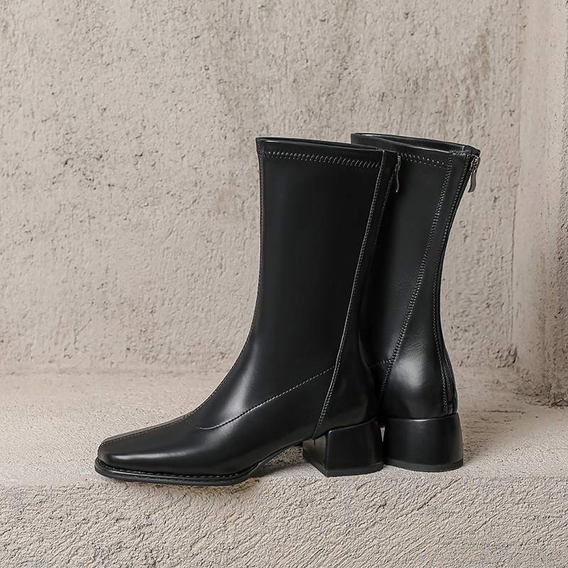 Krazing Pot Microfiber Autumn Winter Shoes Thick Med Heels Size 43 Chelsea Boots Apricot Zipper Mid-calf Boots