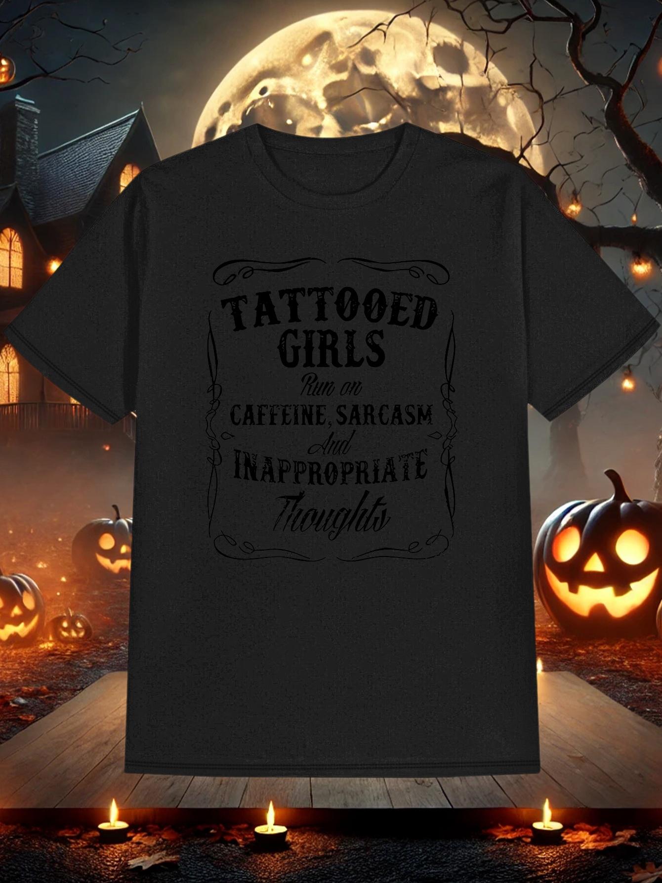 T-shirt Funny Tattooed Slogan - Tattooed Beware of Caffeine Sarcasm Print S