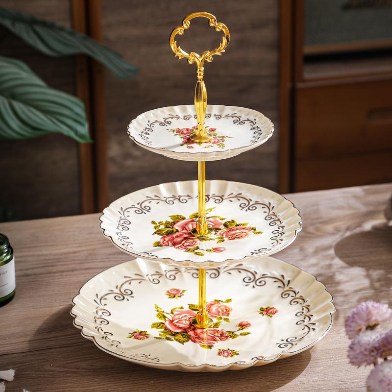 Ceramic Three-Tier Pastry Stand: English-European Style Fruit Bowl, Cake, Candy, and Snack Plate for Afternoon Tea.