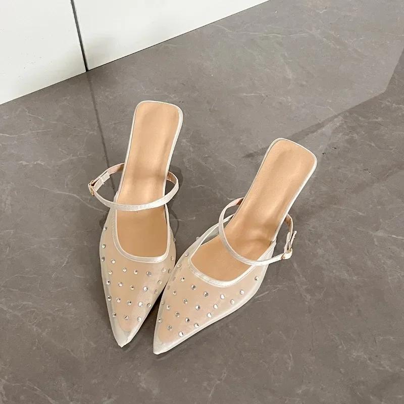 Fashion Crystal Women Slippers Heeled Sandals Pointed Toe Mesh Mules Shoes Woman 2025 Trend Summer Elegant Pumps Dress Slides Plus Size