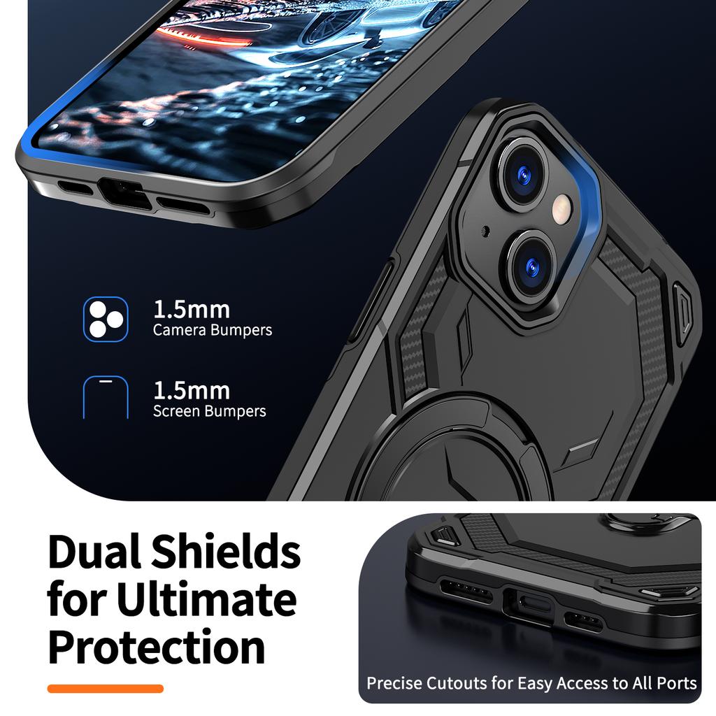 Pro iPhone 14 Magnetický kryt s kroužkem a stojánkem, hybridní kryt telefonu PC + TPU