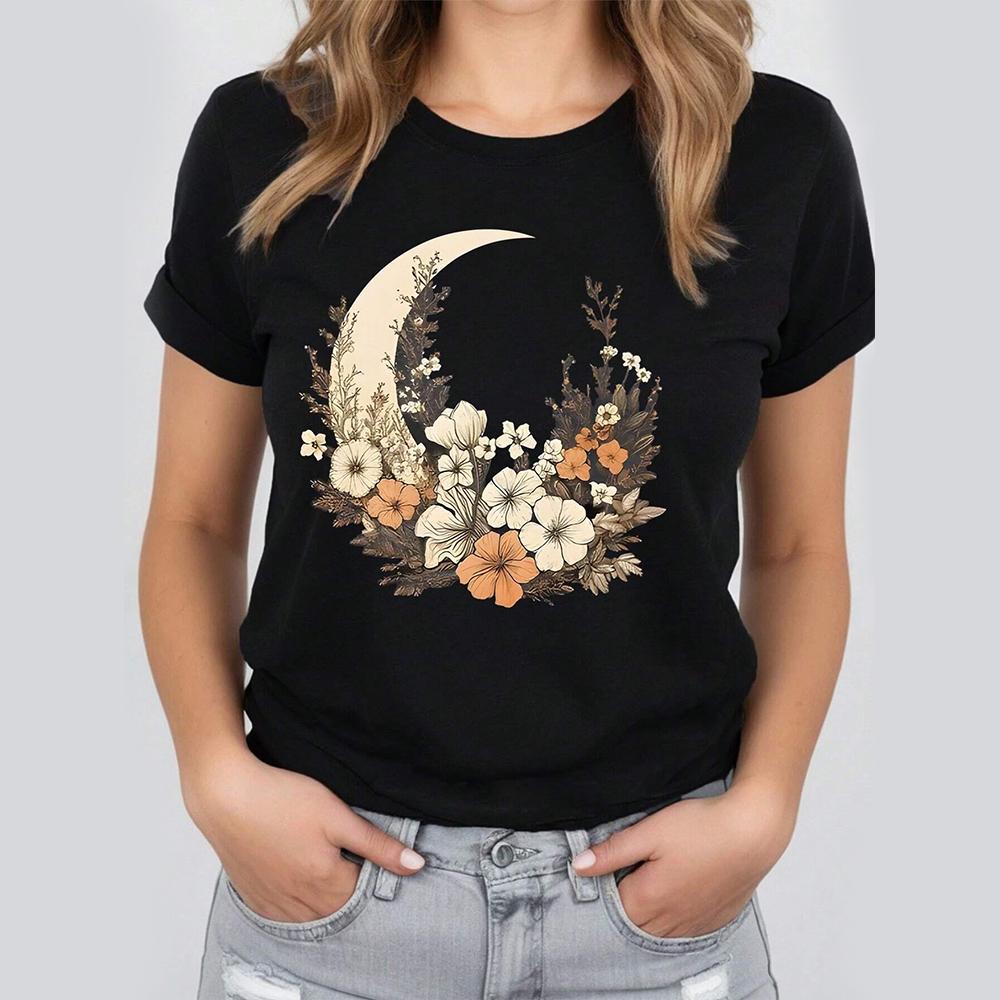 

Летние женские футболки с принтом луны, топ с коротким пуловером, модная повседневная футболка с круглым вырезом и рукавами, женская одежда 6XL