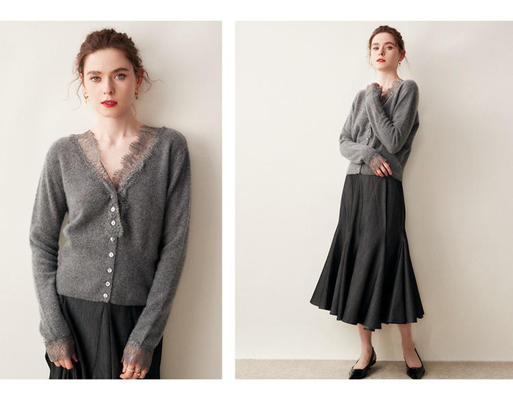 Lace Trim V-Neck Cashmere Cardigan for Women - Short Knitted Wool Sweater Coat with Long Sleeves for Autumn/Winter 2024