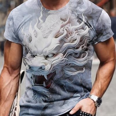 Cool White Dragon 3D-Grafikdruck Herren Neuheit Kurzarm T-Shirt mit Rundhalsausschnitt, Sommer Outdoor