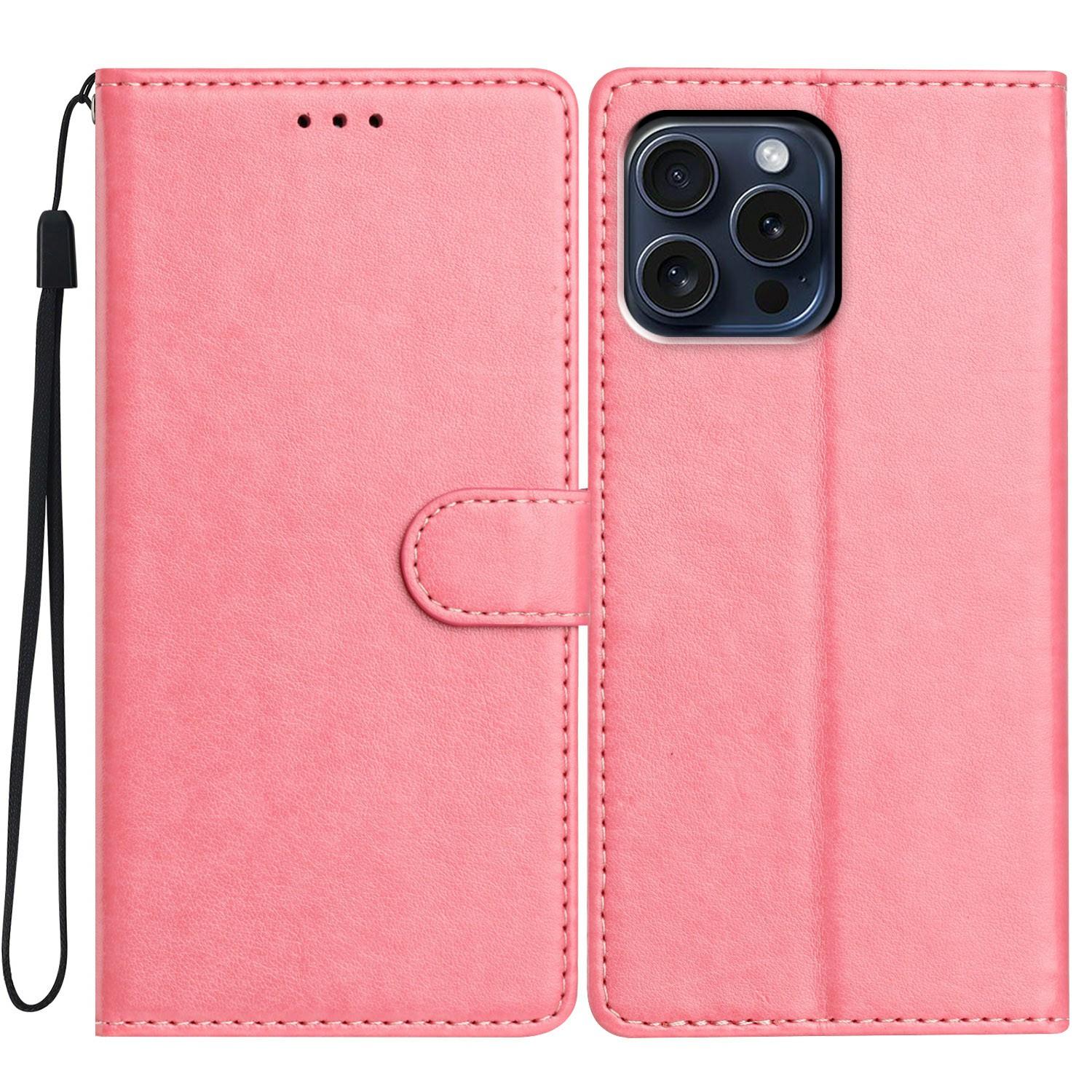 

For iPhone 15 Pro Max Leather Phone Case Wallet Stand Cover with Handy Strap Pink