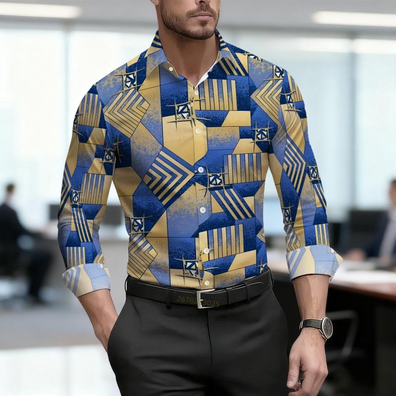 Men's Shirt, Ethnic Style Diamond Shaped Geometric Printed Long Sleeved Shirt, Business Casual Spring and Autumn Collar Shirt