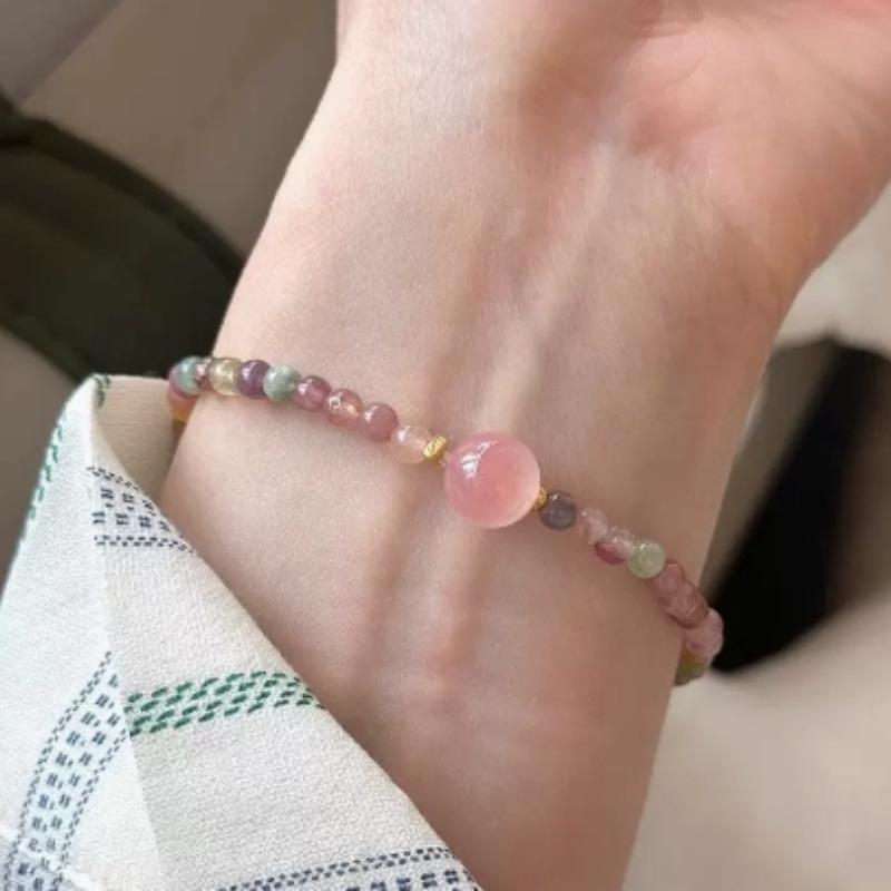 New Chinese-style Natural Tourmaline Beaded Elastic Cord Bracelet for Women with Yanyuan Agate Accents