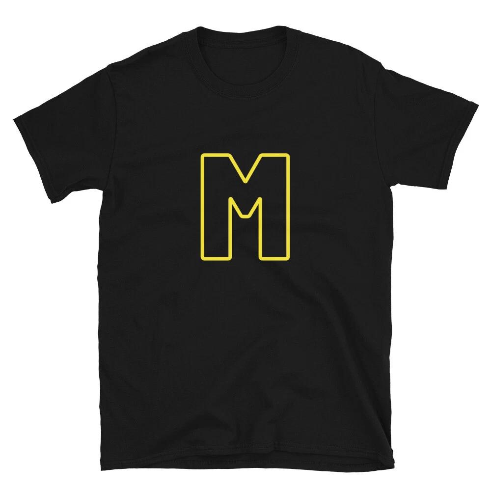 Letter M Yellow Bold Font Simple Black T-Shirt XL