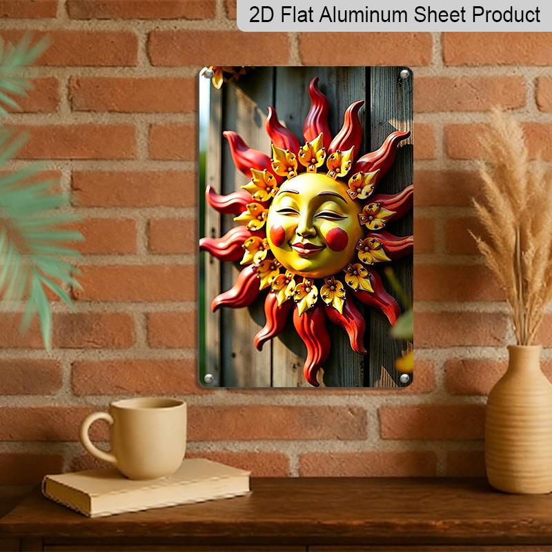 2D Flat, 1pc Trebalena Vintage Sun Face Aluminum Metal Wall Art - Rustic Outdoor/ Sign with Red & Golden Accent, Embossed Sun Suitable for Porch
