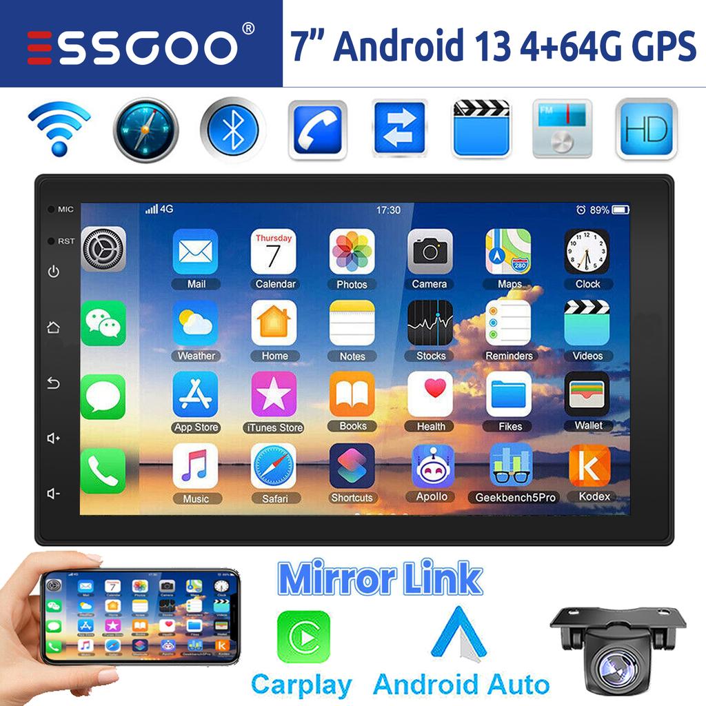 ESSGOO 7"/9"/10“ 2 DIN Android 13 4+64G Car Stereo Carplay Android Auto GPS Navigation Bluetooth FM RDS Radio WIFI Touchscreen