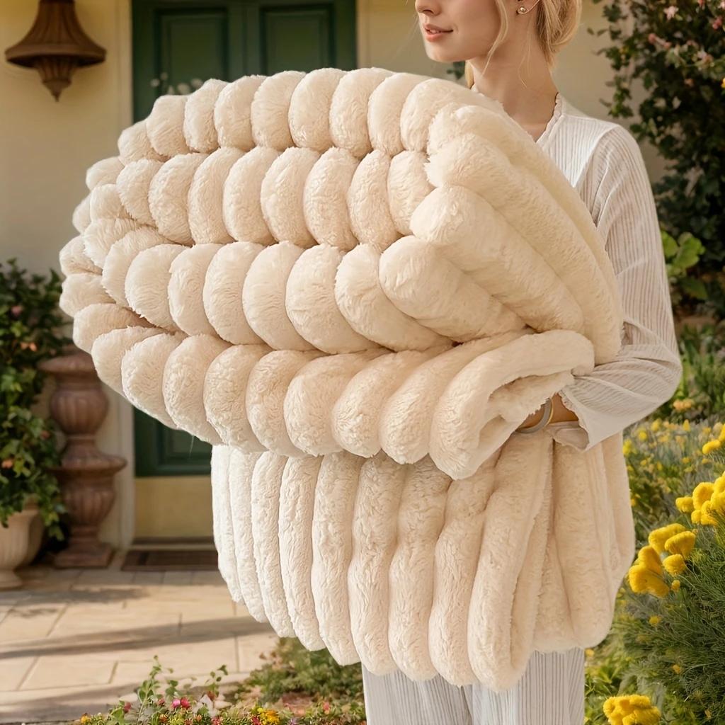 

150*200СМ Универсальное одеяло из искусственного кроличьего меха - Мягкое, двухстороннее плюшевое для тепла и комфорта в любое время года, идеально подходит для офиса 70*100cm бежевый