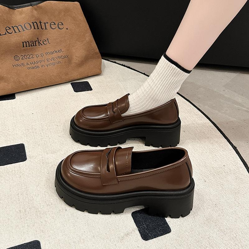 Brown and black small leather shoes female round head muffin thick-soled lazy person pedaling