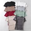 Ležérní letní žena Tričko Skinny Fit Upnuté Tričko s krátkým rukávem a výstřihem do O Základní jednobarevné triko Crop Tops