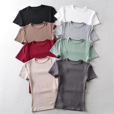 Casual Summer Woman Skinny Fit T-shirt Tight Short-Sleeve O-neck Tee Basic Solid Crop Tops T Shirt